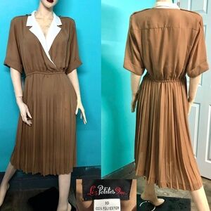 VTG 90s Dk Khaki Perma Pleat Skirt Preppy Secretary Day Dress~LIZ PETITES Sz 10